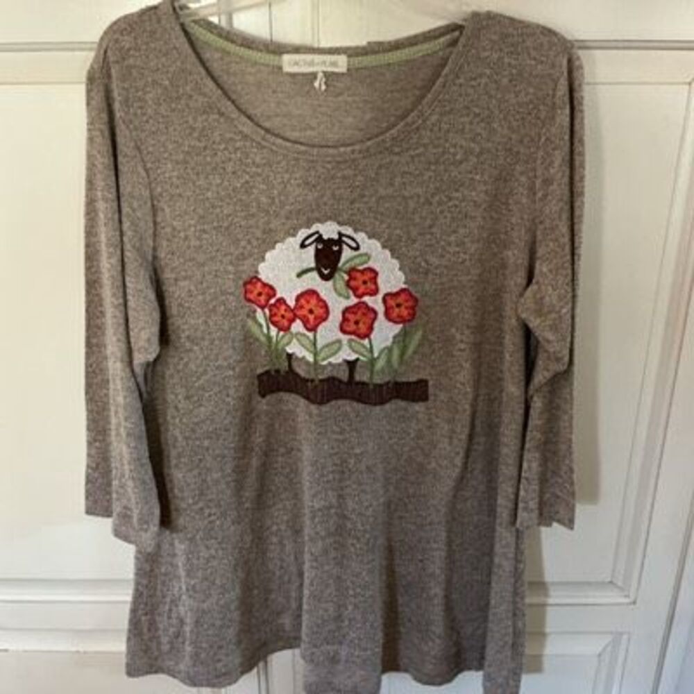 Cactus + Pearl Sheep Lace Embroidery Sz L Top 3/4 Sleeve